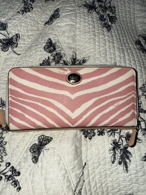 Coach large zippered pink cream zebra stripes wallet